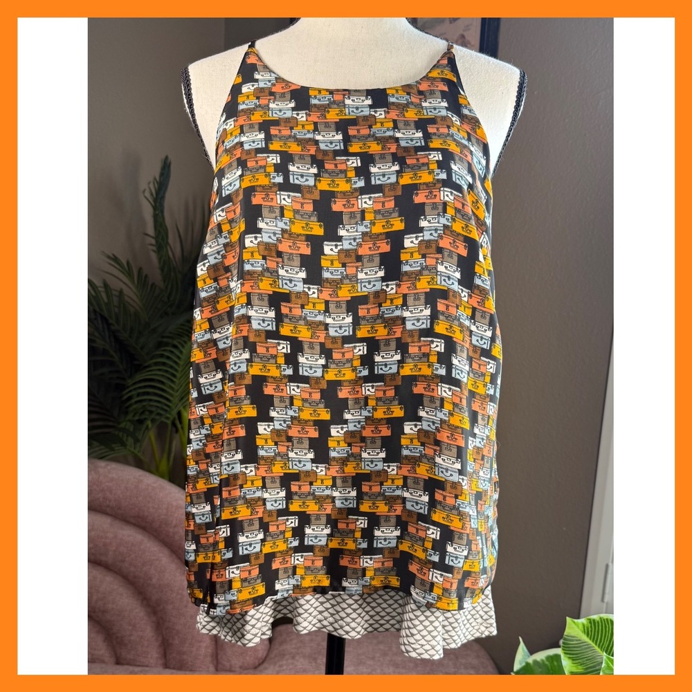 Porridge Tank Top Suitcase Print Sleeveless Black Orange Travel Vacation Size S - Picture 3 of 14